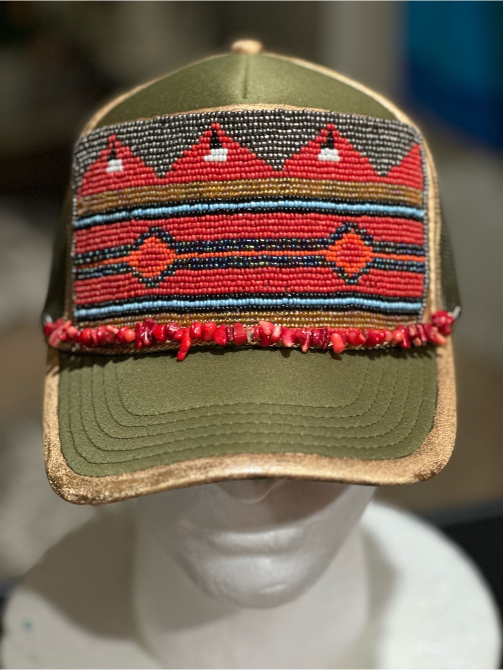 OTTO Olive Green Beaded Trucker Hat with Red Accents
